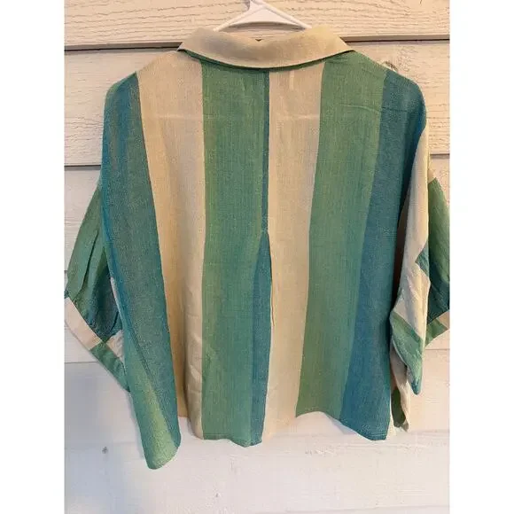 Vintage Havana Striped Button Down Top Green Cream Metallic Lurex Shirt (M) NWT - Picture 11 of 11